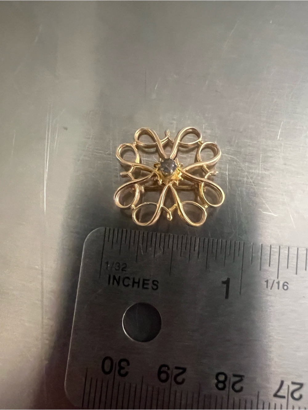 Solid 10K Yellow Gold & Sapphire Swirl Filigree Brooch